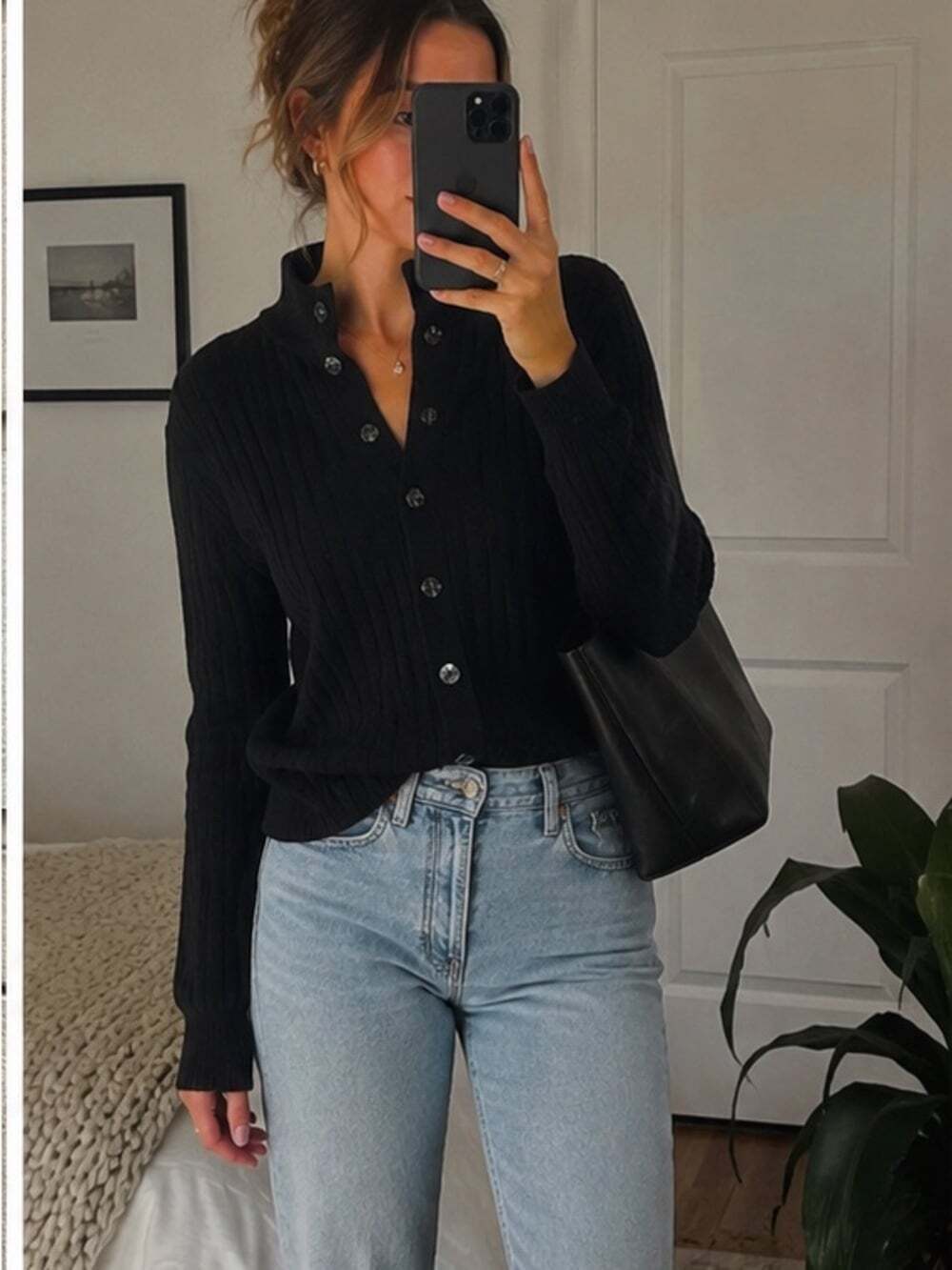 Classic Black 100% Wool Ribbed Mock Neck Button Sweater/ Faux cardigan